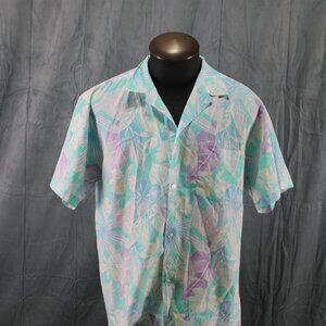 Vintage Hawaiian Shirt - Mint Green Multi-Colour Leaf Pattern - Men's XL